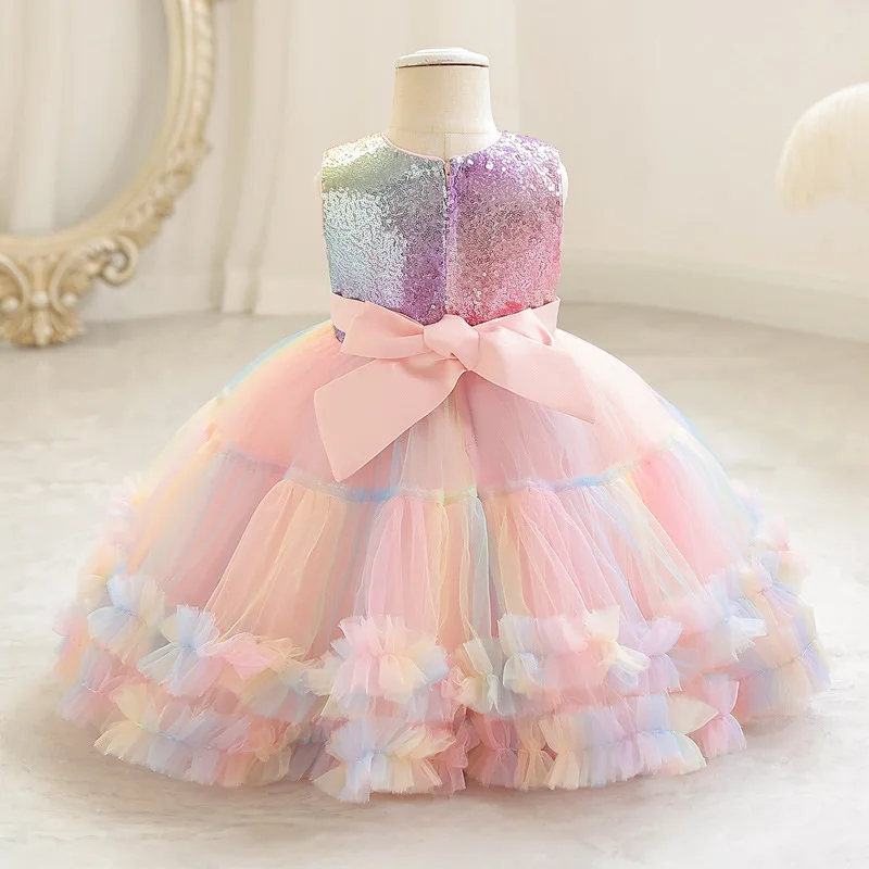 Girls Luxury Rainbow Sequin Dresses Teenager 5 9 12 14 Years Bridesmaid Children Tulle  Ball Gown Birthday Party Costume Clothes