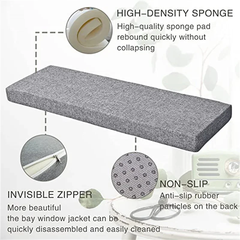 Custom Size Bay Window Seat Cushions - High-Density Sponge Pad, Washable/Removable/Non-Slip and Thickened (3/5/8/10CM Options) 4