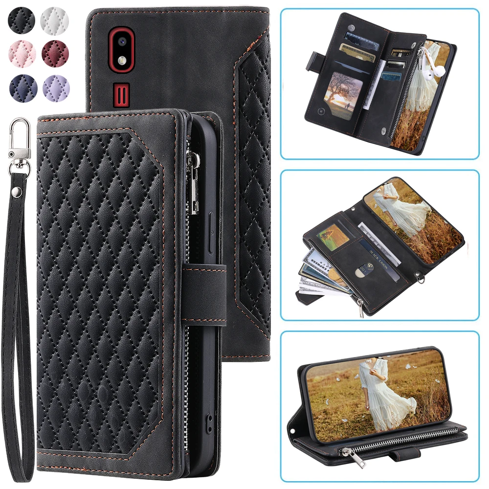 

Fashion Zipper Wallet Case For Samsung A2 Core Flip Cover Multi Card Slots Cover Phone Case Card Slot Folio with Wrist Strap