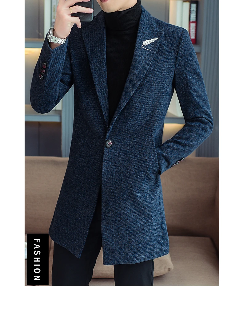 Business Casual 2026 Frühling Herbst Herren Einfarbige Wollmäntel Slim Fit Mittellange Trenchcoats Oberbekleidung Woll-Windbreaker Jacken – Detail 16