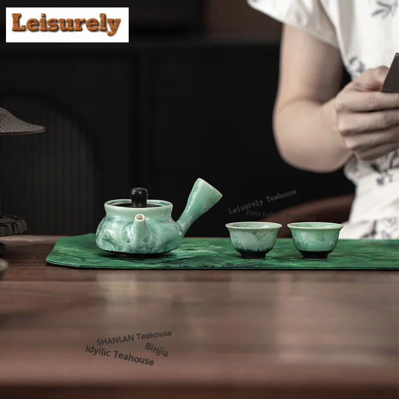 125ML Ice Flower Kiln Fambe Crystal Glaze Side Handle Teapot Boutique Tea Infuser Pot Tea Brewing Kettle With Ball Hole Tea Set