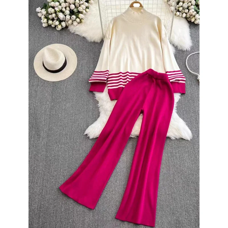 

Женский вязаный костюм из Свитера и брюк, Свободный пуловер в полоску с высокой талией и широкими штанинами, спортивный костюм большого размера из 2 предметов на осень и зиму