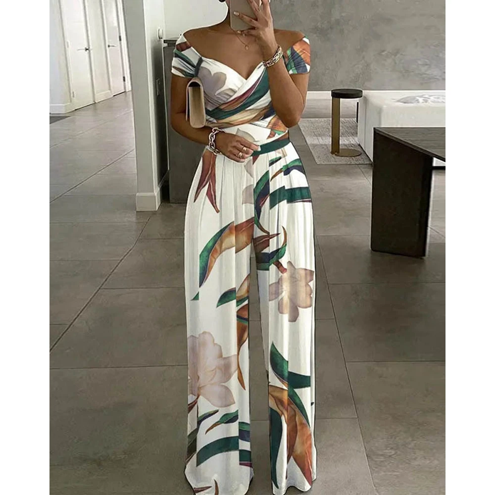 Women's Summer Casual Beach Sleeveless V-neck Floral Print Wide Leg Jumpsuits Femme Elegant Slim Teddies Office Lady Party Gowns