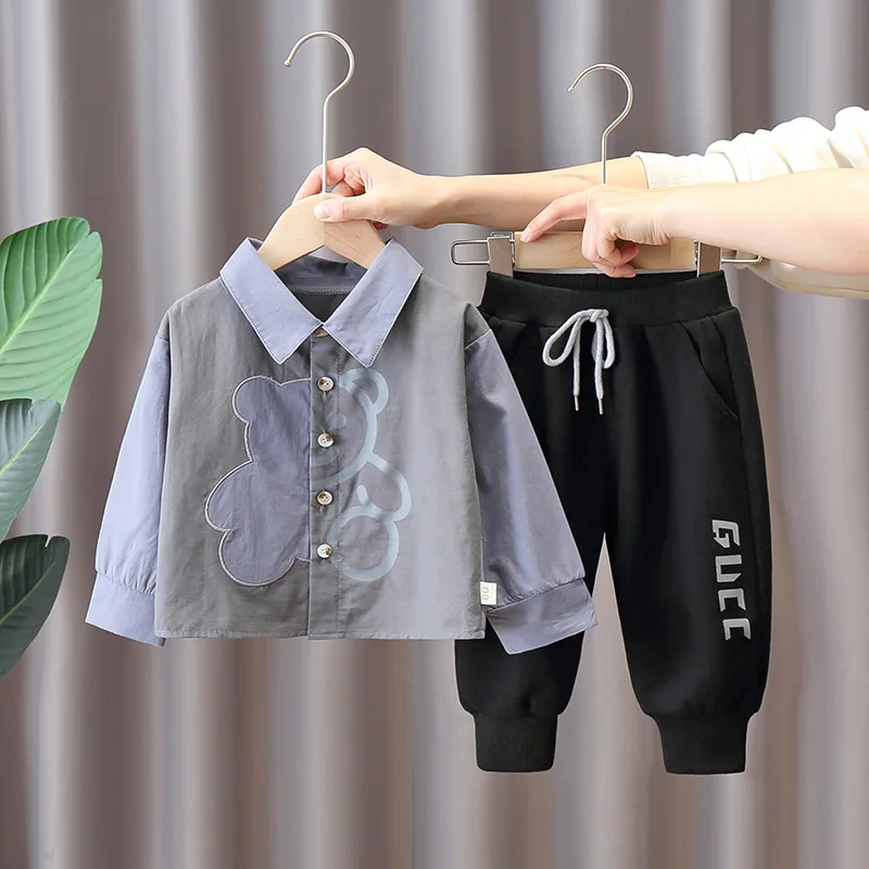 

Children's Spring/Autumn Cartoon Bear Shirt Set Boys' Fashion Splice Top+Sports Pants 2 Piece Kids Casual Cotton Suit 9M-5 Years