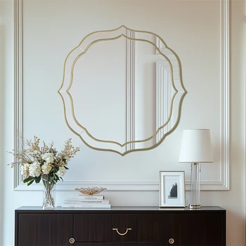 Large Wall Mirror Modern Decorative Mirror Flower Shaped Accent Mirror Beveled Golden Rim for Hallway Living Room Bedroom 2