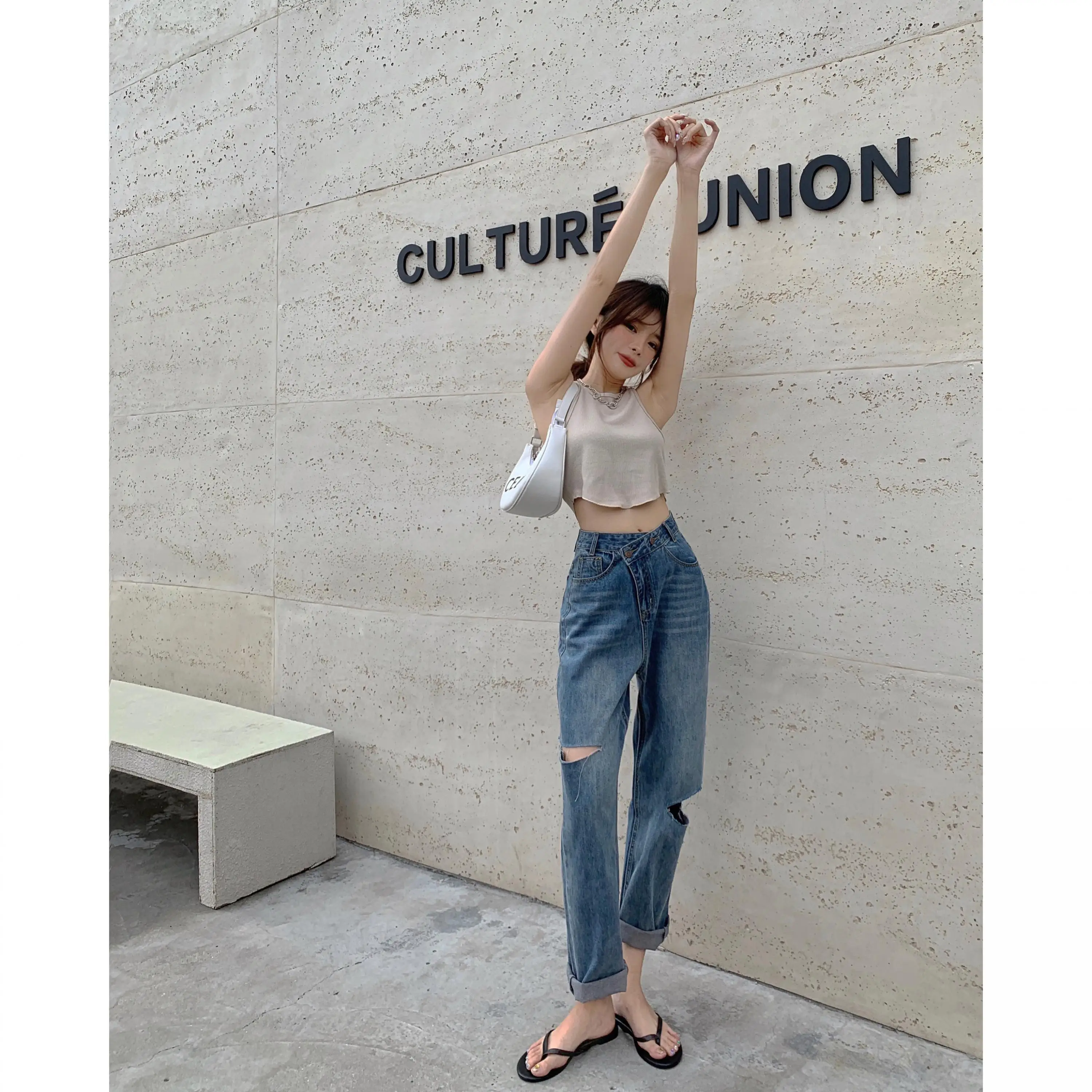 Women's Casual High Waist Ripped Loose Jeans Streetwear Straight Long Denim Pants Lady Chic Irregular Waist Straight Jeans y2k short jeans women summer new high waist a line straight irregular denim wide leg pants streetwear shorts mujer