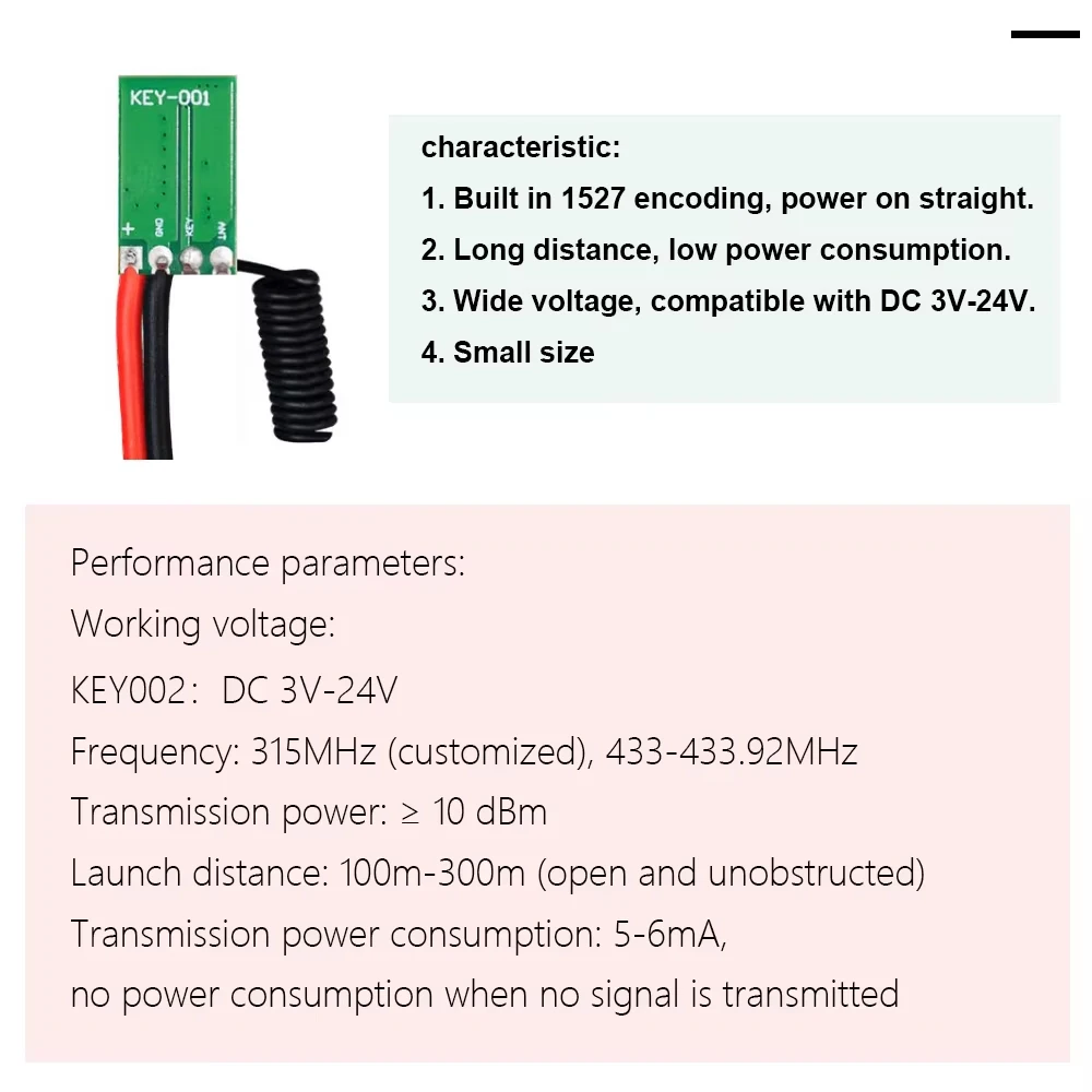 Wireless RF Transmitter Module with Learning Code and 1-Channel Output