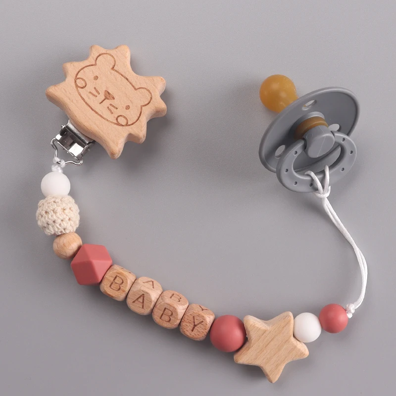 Wooden Baby Pacifier Clip, Cute Lion & Star Design, Anti - Drop Soother Holder, Natural Wood & Silicone Beads, Infant Essentials