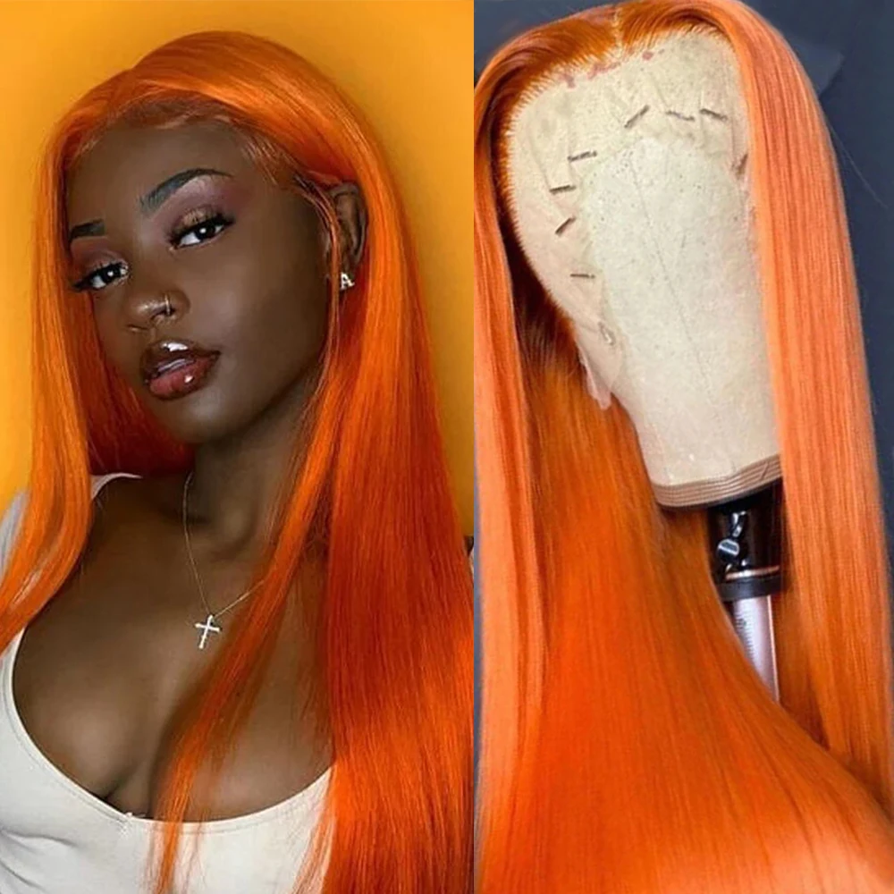

RONGDUOYI Orange Color Long Straight Synthetic Hair Natural Hairline Long Silky Heat Resistant Lace Front Wig Cosplay Makeup Use