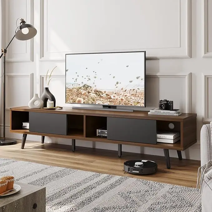 

Low Profile TV Stand with Storage, Entertainment Center for Living Room, Cord Management, Walnut