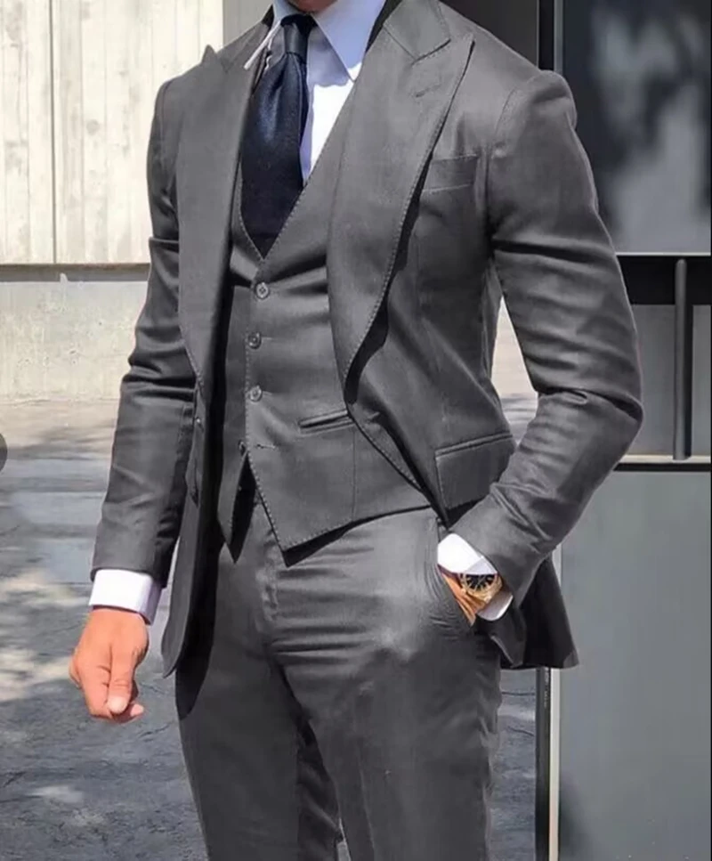 Mens Suits Fashion Men Leisure Business Solid Color Wedding 3 Pcs Set Blazer Vest Trousers