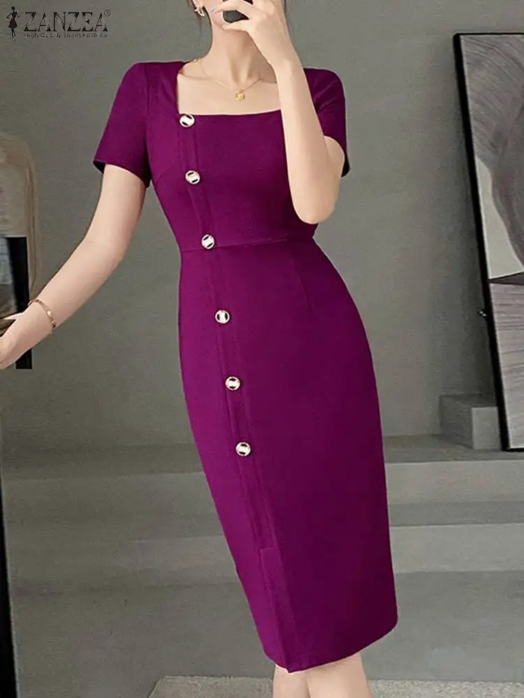 

ZANZEA Summer Solid Knee-length Robes Elegant Women Bodycon Dress Fashion Square Neck Short Sleeve Dress Office Lady Vestidos