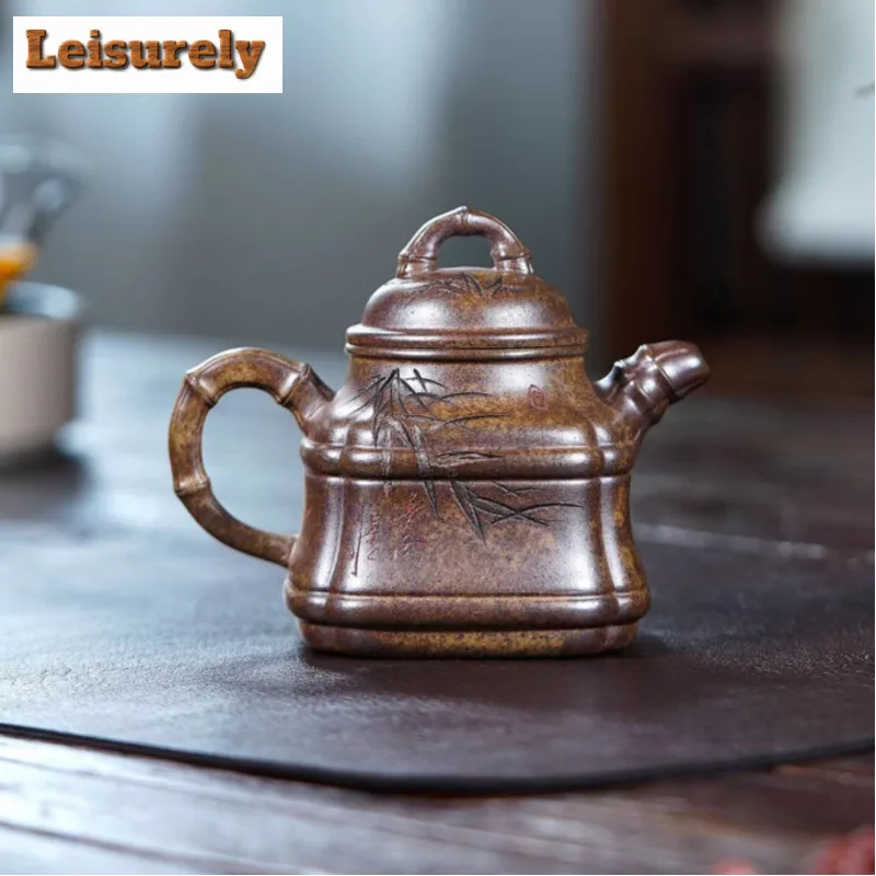 270ml Yixing Purple Clay Teapots Handmade Bamboo Tripod Pot Raw Ore Wood-fired Porcelain Mud Kettle With Filter Zisha Tea Set