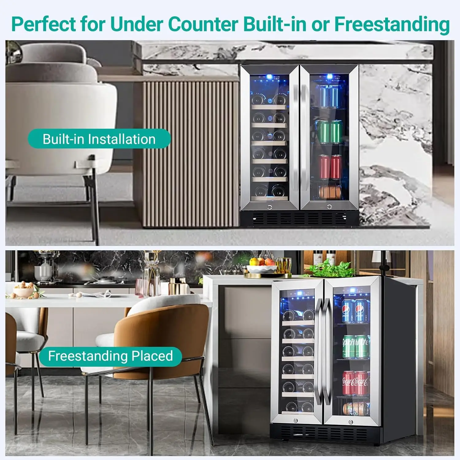 24 Inch Wine and Beverage Refrigerator, 20 Bottles & 88 Cans Wine Cooler with Dual Zone, Wine Fridge Built-In & Freestanding 6