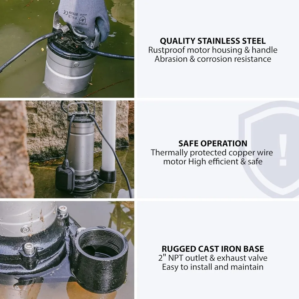 1HP Submersible Sewage Grinder Pump, Stainless Steel, 115V 3962GPH Auto Float Switch, 2'' NPT Discharge for Basement Sump