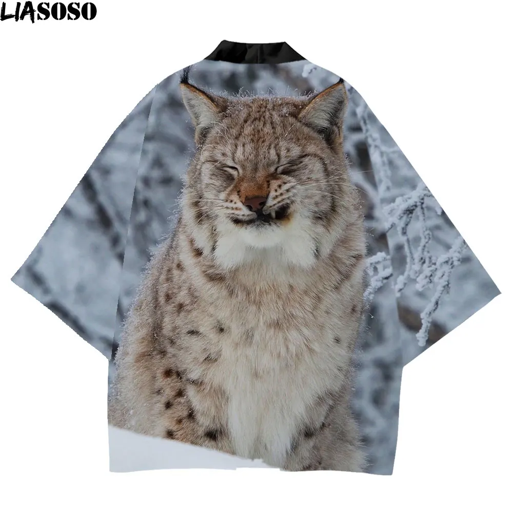 LIASOSO 3D Printed Kimono Japanese Traditional Costume Cute Feline Woman Cat Eurasian Lynx Polyester Cool Funny Jungle Wild King stranglers feline aural sculpture 2 cd