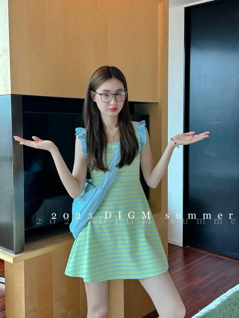 

Korean Fashion Casual Fresh Stripe Dress Women's Summer Flying Sleeves Wrap Waist To Show Slim A-line Dress Female Clothing