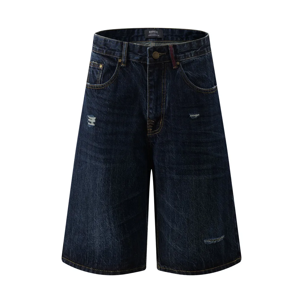 Zerrissene Denim-Shorts für Herren, Retro-High-Street-Shorts, gewaschen, Distressed-Tasche, gerade, weites Bein, knielange Shorts für Herren