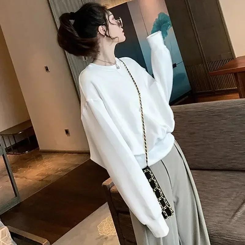 FA632 2024 Autumn New Women's Solid Color Hoodie Short Hoodie Women's Small Loose Long Sleeve Round Neck Top 3