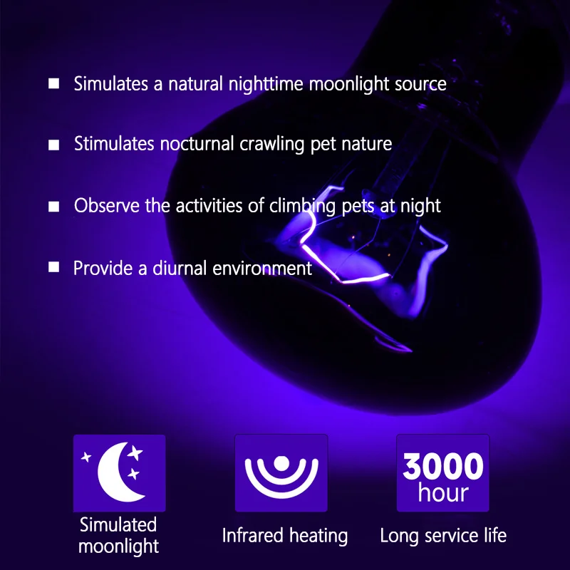 Infrared Heating Lamp Reptile Night Heating Light 25W-100W Simulated Moonlight Lamp Bulb Amphibians Pets Lives Stock