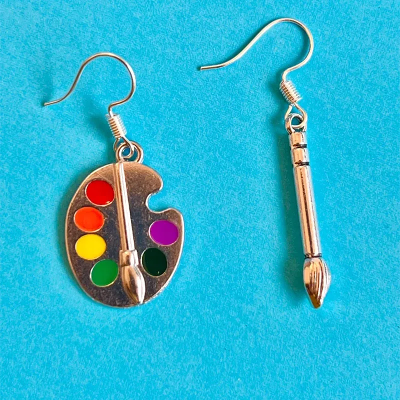 Paint Palette Earrings Paint Brush Painters Artists Dangle Funky
