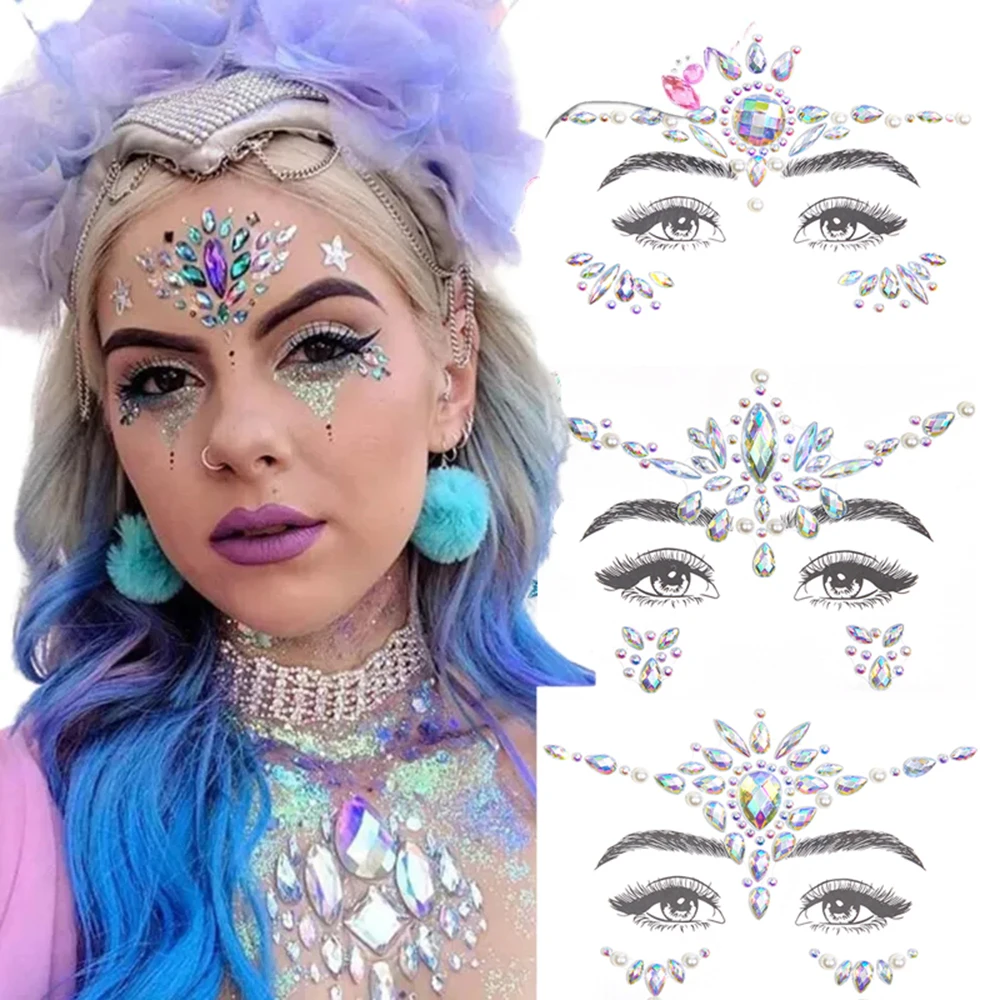 3D Diamond Eyebrow Sticker Halloween Makeup Shiny Rhinestones Face Jewelry Tattoo Self Adhesive DIY Beauty Music Festival Decor