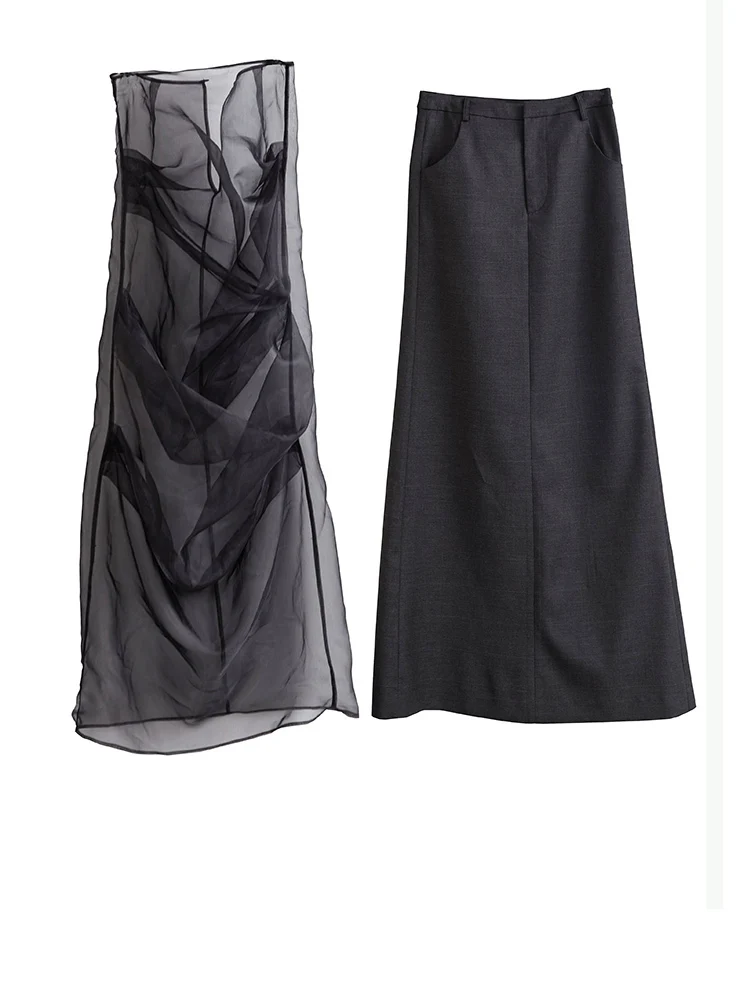[EAM] High Waist Black Pleated Mesh Irregular Long Elegant Half-body Skirt Women Fashion Tide New Spring Autumn 2026 1DH4715