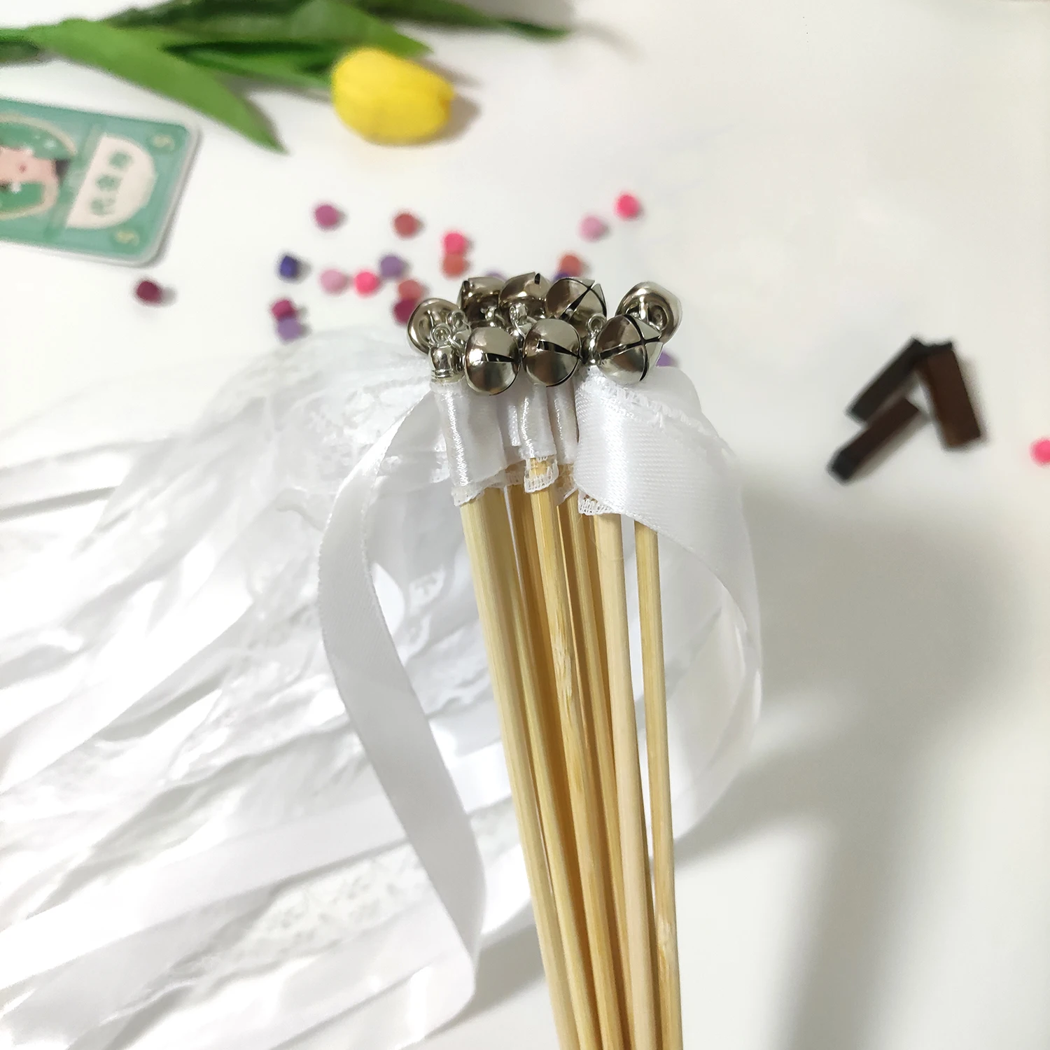 Elegant Wedding Ribbon Wands with Lace Streamers and Bells - Perfect for Celebrations and Decor