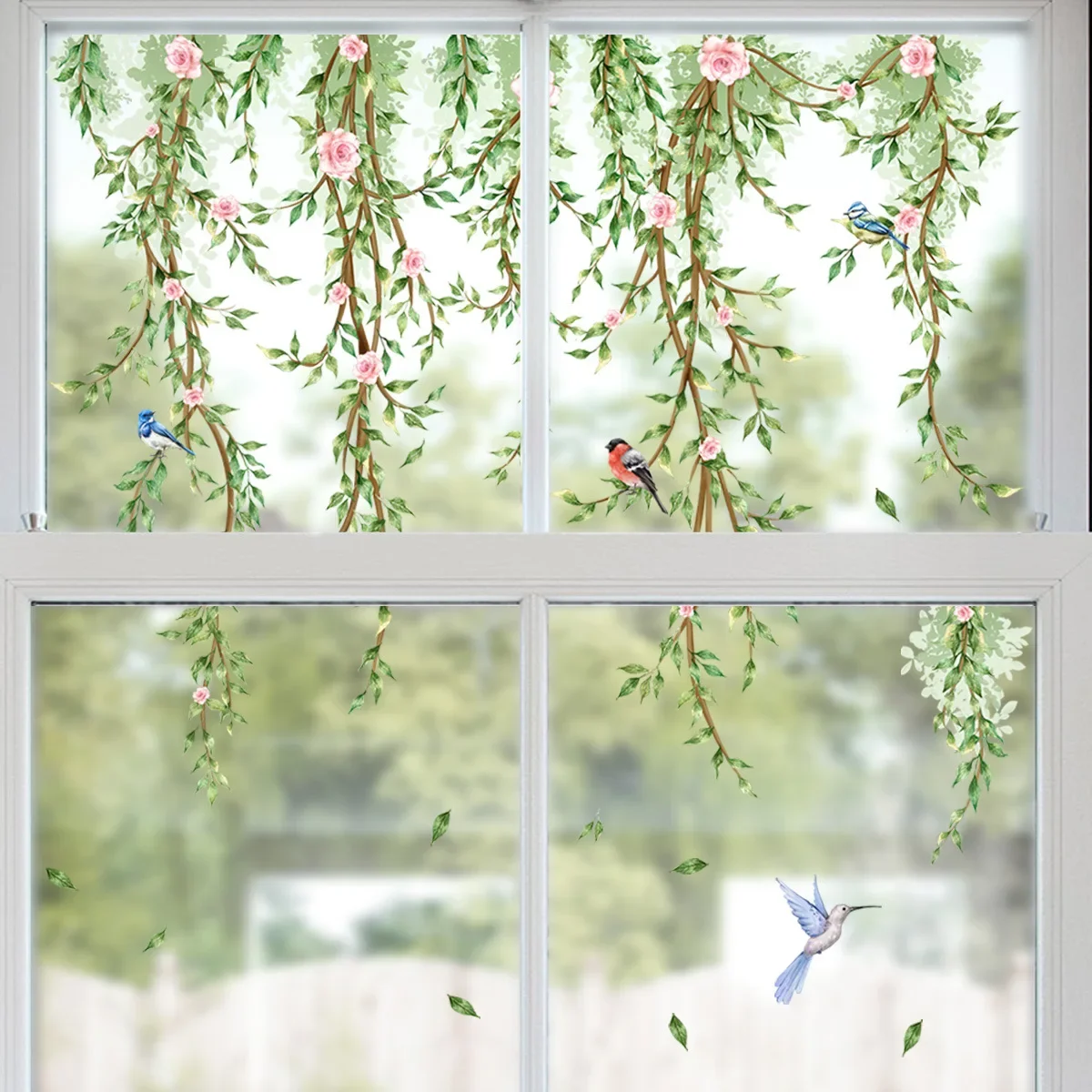 Wall and Window Stickers Branches Flowers Birds Glass Living Room Window Theme Decorative Electrostatic Mural