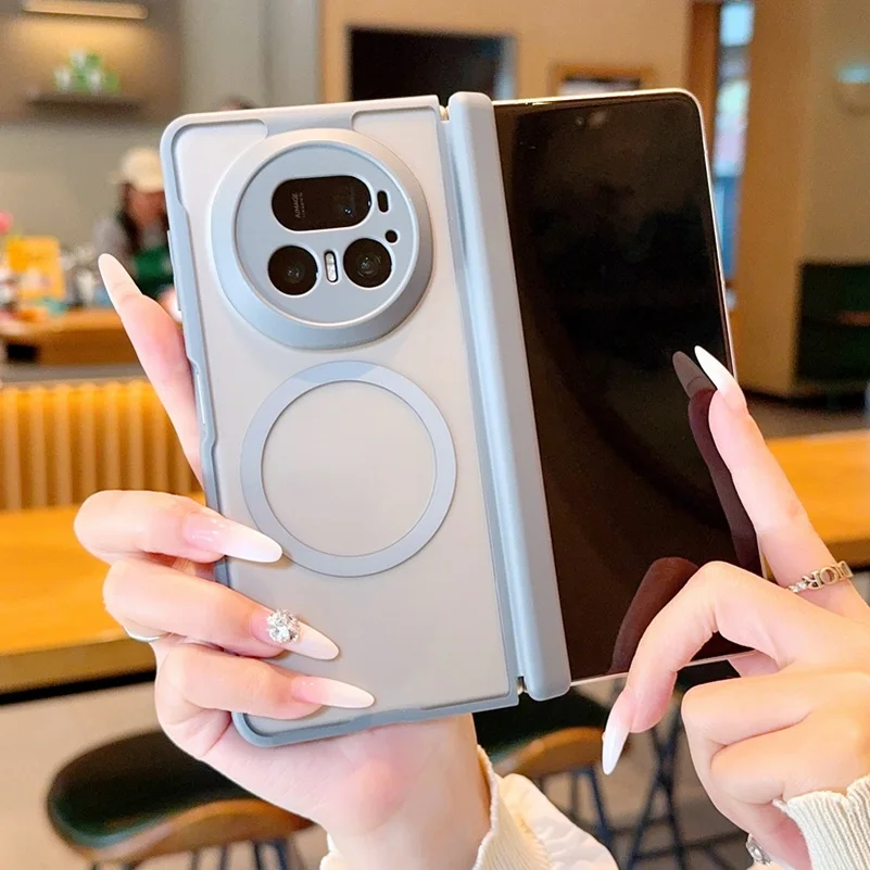 Frosted Matte Semi-Transparent Magnetic Phone Case with Center Axis Hinge and Camera Protection