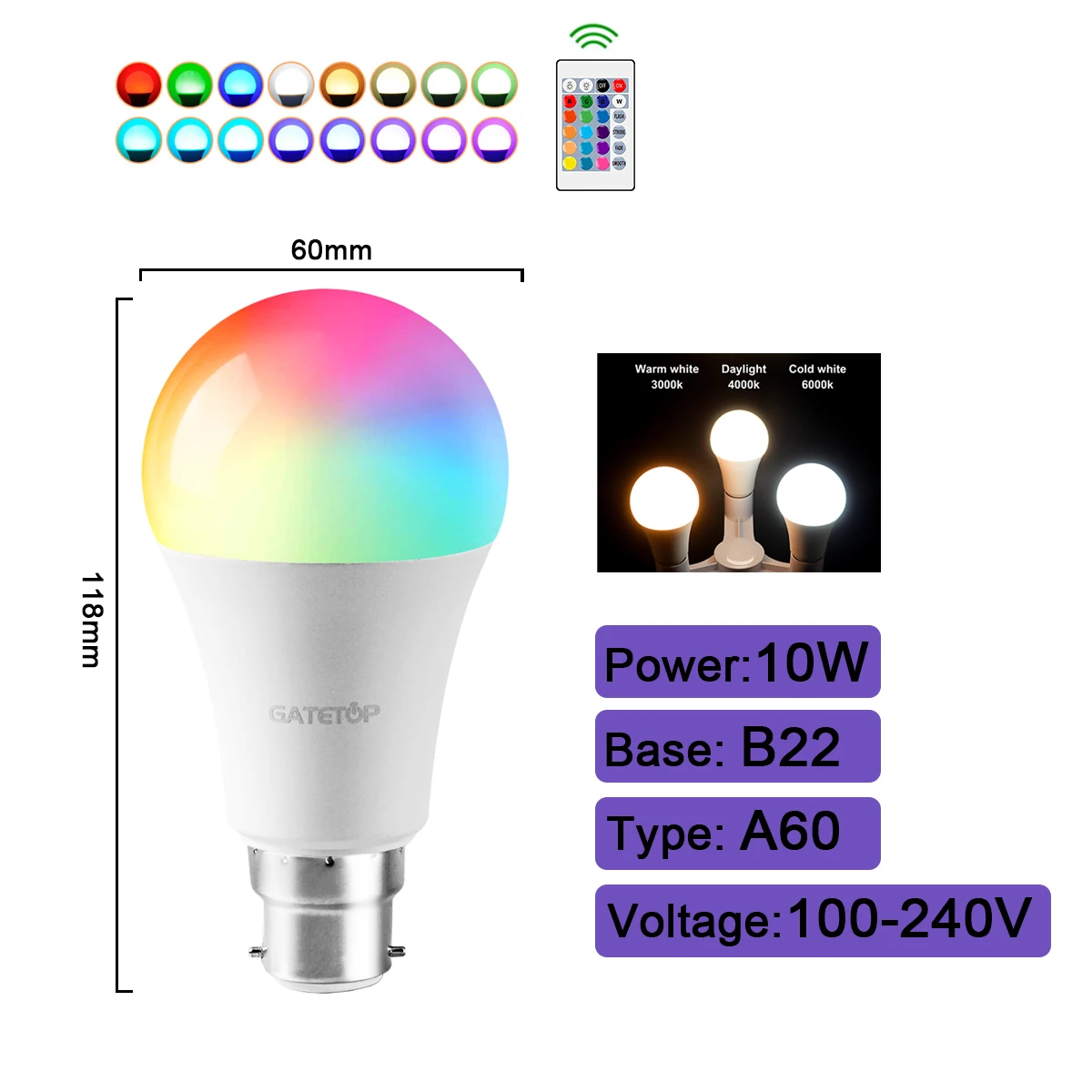 ตัวเลือกสินค้า หลอดไฟ RGBW สปอตไลท์ ปรับสีได้ พร้อมรีโมท E27 E14 B22 GU10