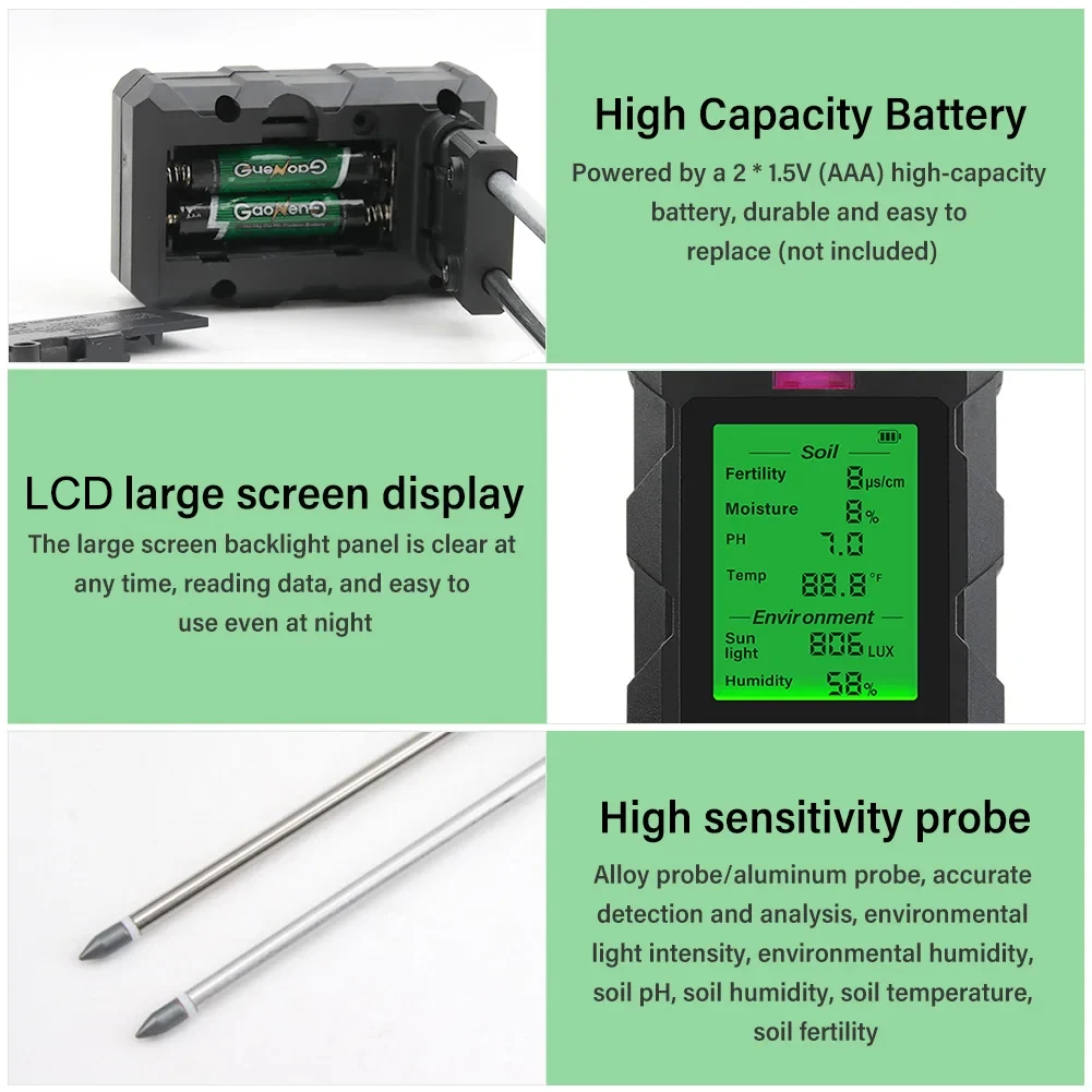SPH030 6 in 1 Soil Tester Digital PH Moisture Fertility Light Temp Humidity Mete