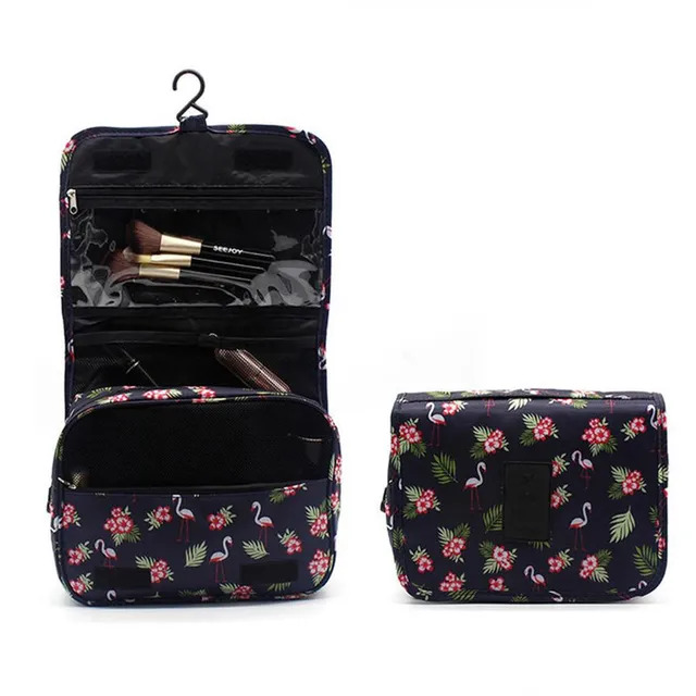 Nylon Hook Up Cosmetic Bag Women Travel Toiletries Storage Bag High Quality Waterproof Makeup Pouch Ladies Make-up Beauty Bag Black flamingo