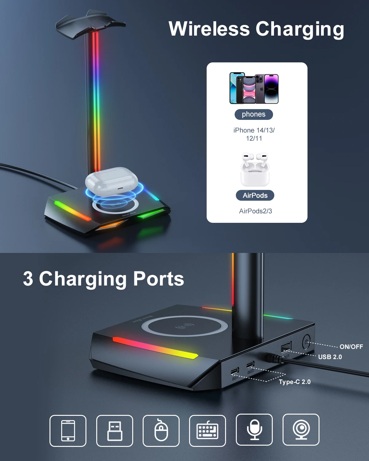 Headphone Stand Gaming Headset For Iphone 11 New Bee Z12 RGB