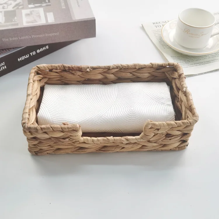 Hand Woven Rattan Tray Wicker Baskets for Toilet Tank Tray Wicker Tray for Kitchen Home Office Water Hyacinth Square Storage Box