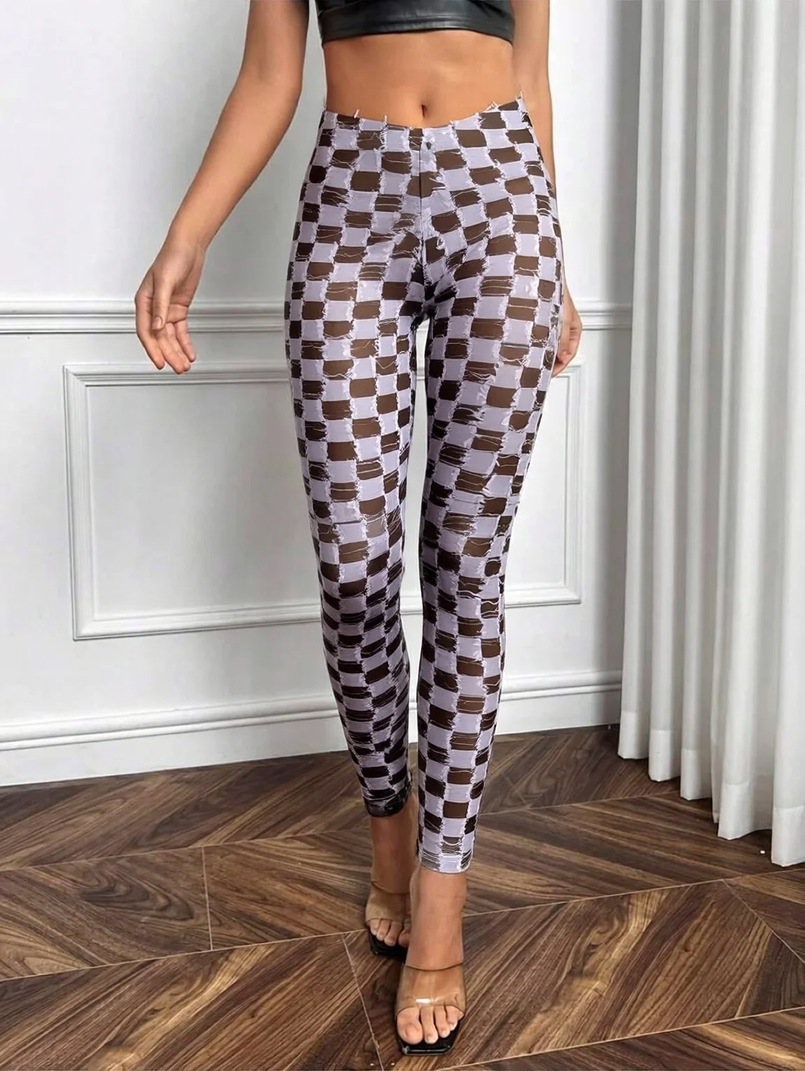 Damen Casual Karierte Leggings Netz-Print Leggings Sommer 2026 Elastische Strumpfhosen Leggings Hosen Leopard