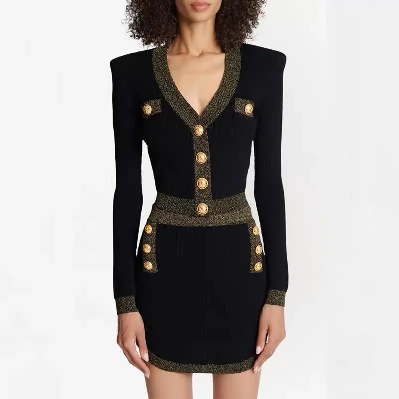 

High Quality Women Fashion Spring Autumn Fashion Vintage V-Neck Gold Button Slim Stretch Knit Sweater Cardigan Top Skirt Suit