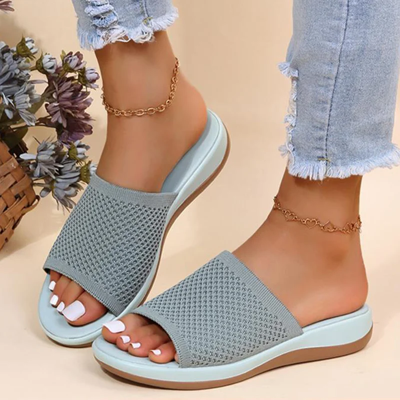 Sandals Women 2022 Breathable Knitting Summer Sandals With Low Heels Slippers Casual Zapatos Mujer Comfort Summer Shoes Women 