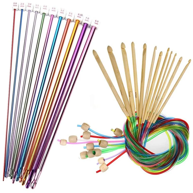 23 Pieces Tunisian Crochet Hooks Set 3-10 Mm Cable Bamboo Knitting Needle  With Bead Carbonized Bamboo Needle Hook