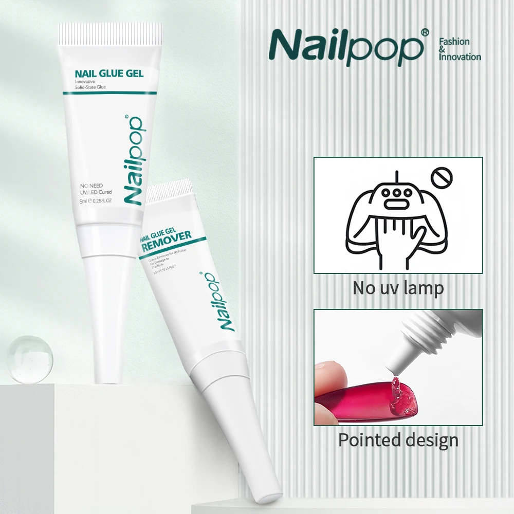 Nail Glue Nailpop Quick Drying Solid with Remover for Press On Nails Tips No Need for UV Lamp Long Lasting Fake Nails Glue Kit