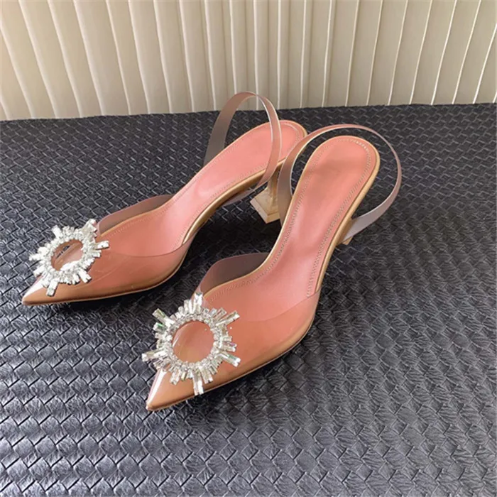 

7cm high heels beige Ladies designer brand Diamond Sunflower Transparent Pointed toe Rosie Crystal Bow Pvc Begum Slingback Pumps