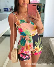 

Women's Jumpsuit Shorts Printed Sexy V-neck Strap Playsuits Sashes 2022 New Sleeveless Fashion Casual Sexy Club Rompers