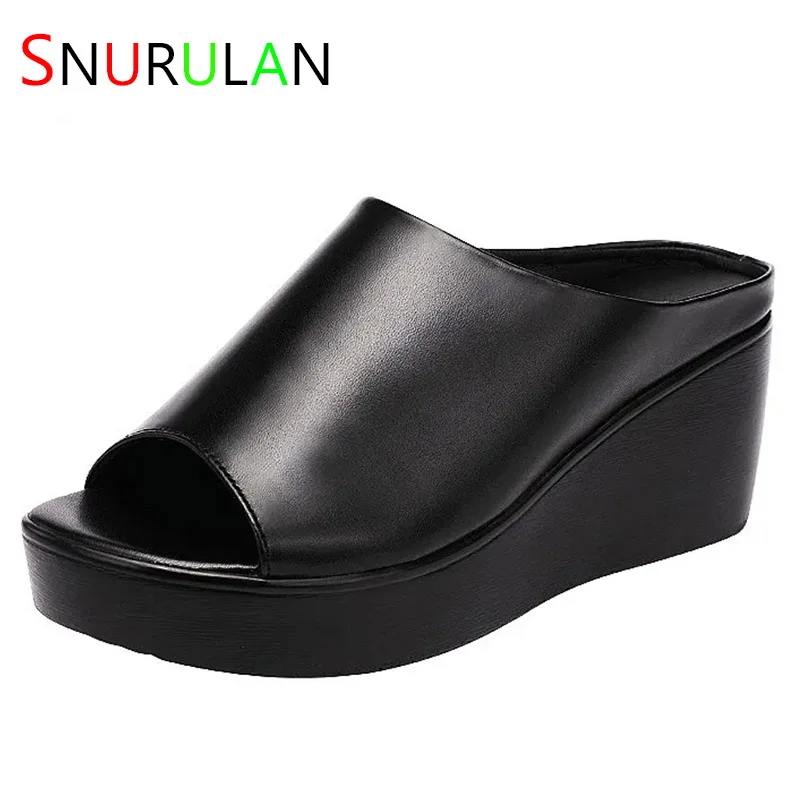 

Small Size 32-43 Sexy Open Head Leather Shoes Medium Heels Slippers Summer 2023 Women's Thick Sole Platform Slides Beach