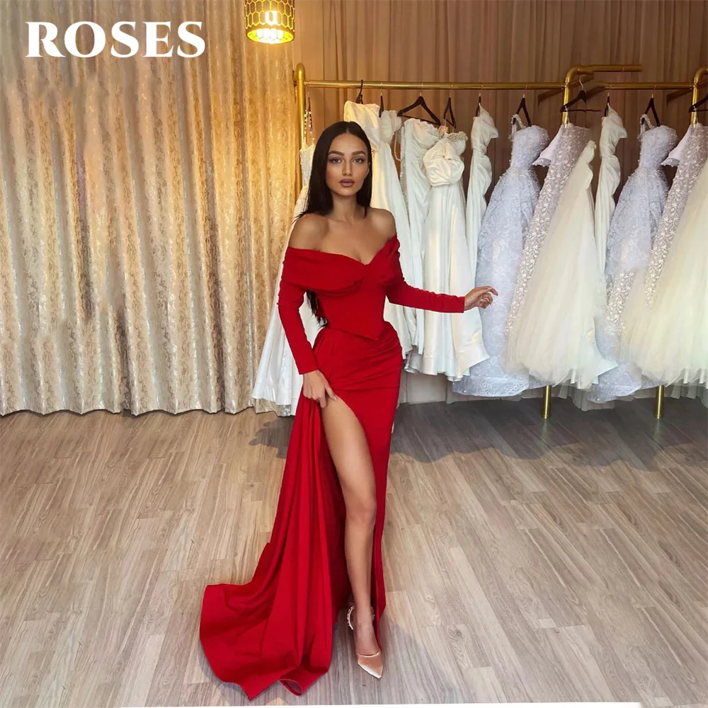 

ROSES Red Stain Elegant Sexy Wedding Party Dress Full Sleeves Celebrity Dress Side Split Special Occasion Dresses robes du soir