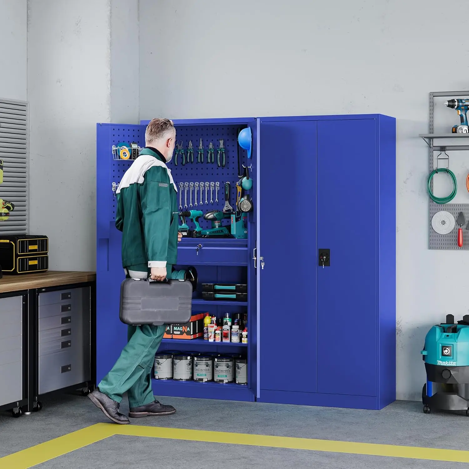 Metal Garage Tool Storage Cabinets with Pegboard 71" Heavy Duty Steel Cabinet with Drawer and Adjustable Shelves Lockable 2