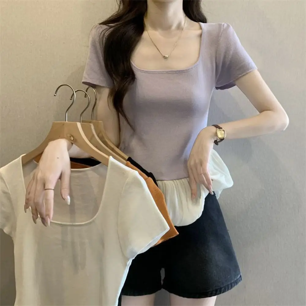 Short Sleeve Summer Knitted T-Shirt U-neck Patchwork Sweet Crop Tops Korean Style Slim Fit Mesh Ruffle T-Shirt Streetwear