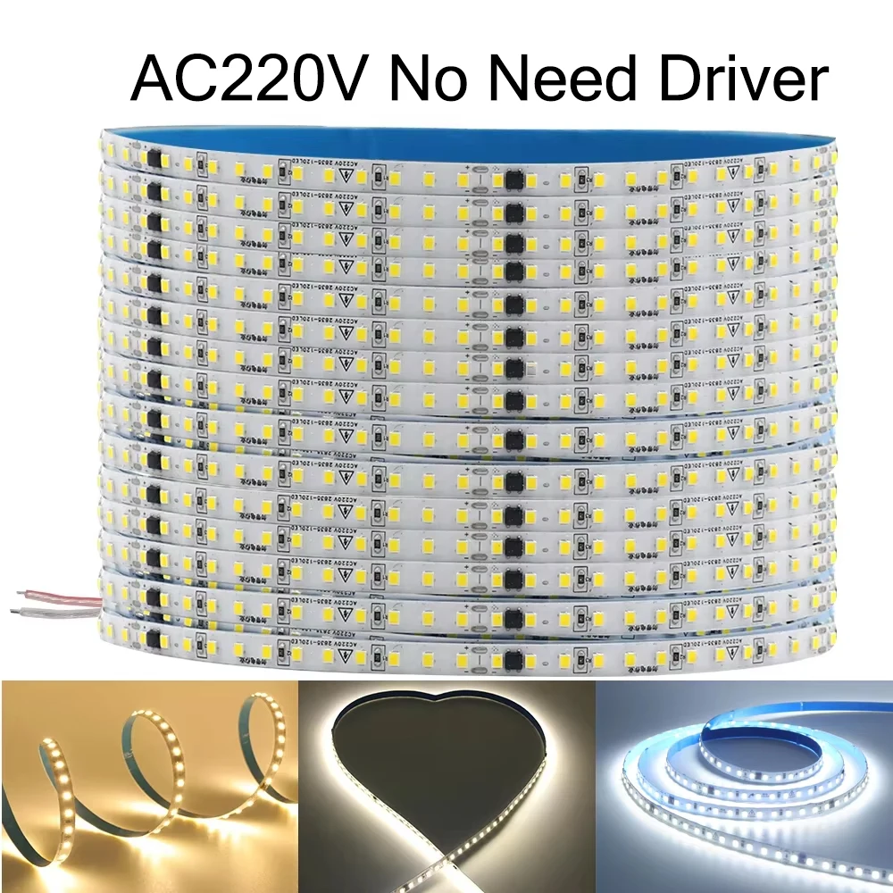 10m 20m 50m 220V 2835 LED 스트립 라이트 드라이버 불필요 고휘도 120LEDs/M 유연 테이프 조명 IP44 방수 가정용 조명