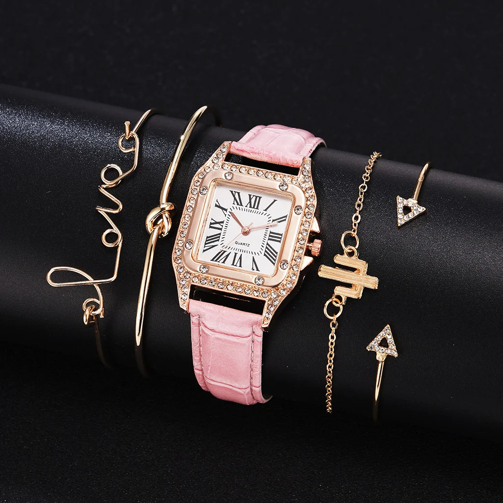 

1pc Rhinestone Decor Quartz Watch Casual Square Pointer Analog Dress Watch & 4pcs Bracelet, Gift For Mom/Girlfriend