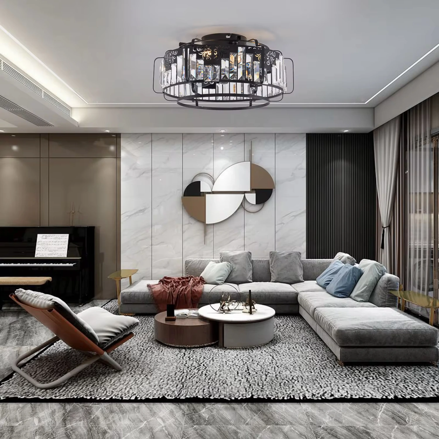 مروحة سقف سوداء مع مروحة سقف خفيفة مقاس 18.5 بوصة...