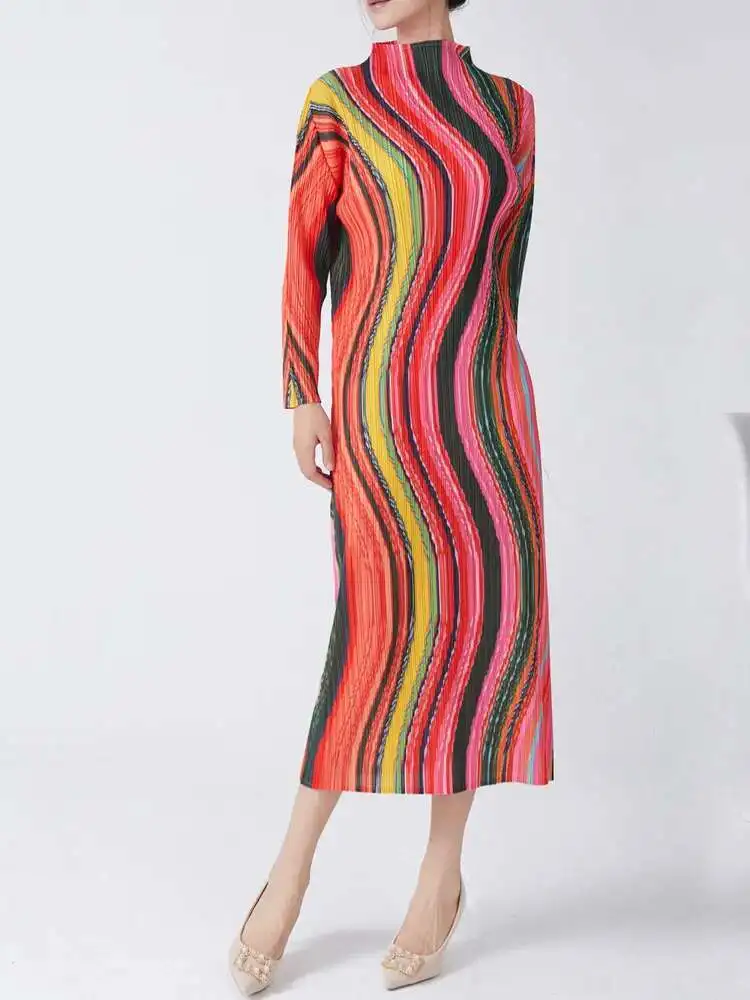 LANMREM High Collar Long Sleeve Women Dresses Contrast Color Striped Pleated Slim Mid-Calf Elegant Fashion Clothing New 2DC1022 - Image 2